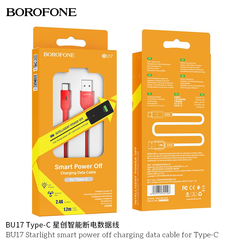 Dây cáp sạc tự ngắt BU17 Borofone cổng Type-C, 1.2m