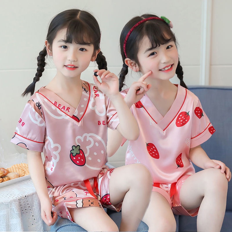 Bộ đồ ngủ tay ngắn vải lụa lạnh mỏng thời trang mùa hè xinh xắn dành cho bé gái
