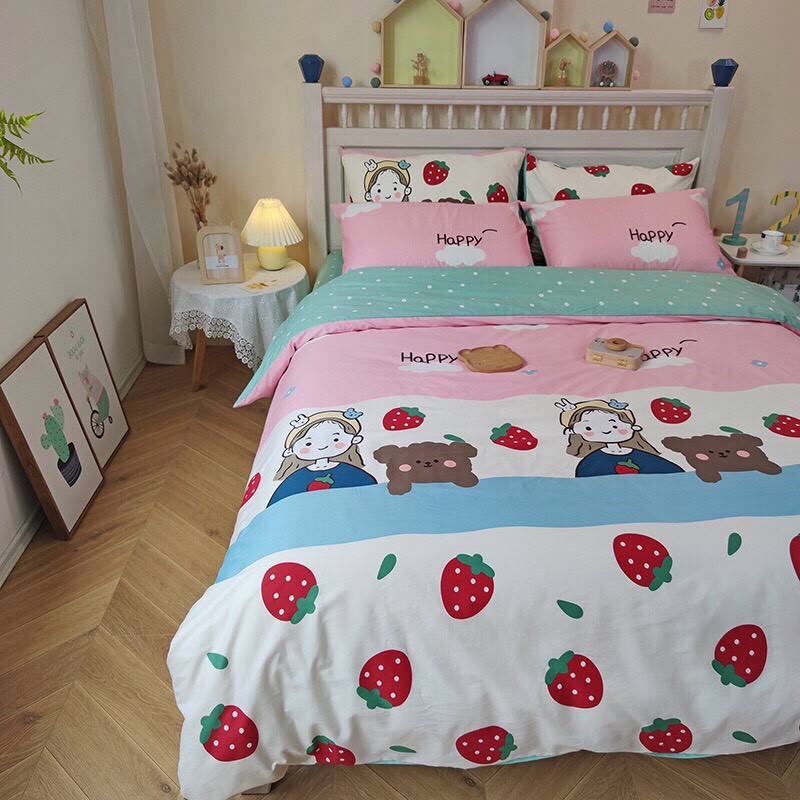 Bộ Chăn Ga Cotton POLY MẪU CÔ GÁI DÂUchăn, ga, cotton, ga nệm, chăn ga, cotton poly, chăn nệm, chăn ga gối, bedding️