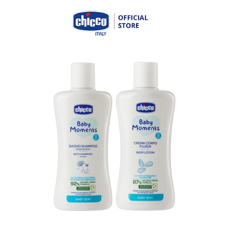 Combo Sữa tắm gội chiết xuất Hoa cúc 0M+ Chicco 200ml + Sữa dưỡng thể chiết xuất Hạnh nhân Chicco 200ml (mới)