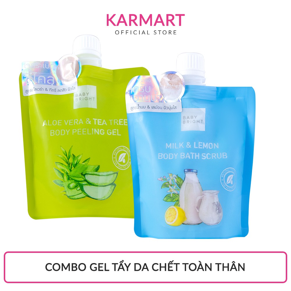 Combo Muối tẩy da chết Baby Bright Body Bath Scrub 250g + Baby Bright Aloe Vera And Tea Tree Body Peeling Gel 200ml