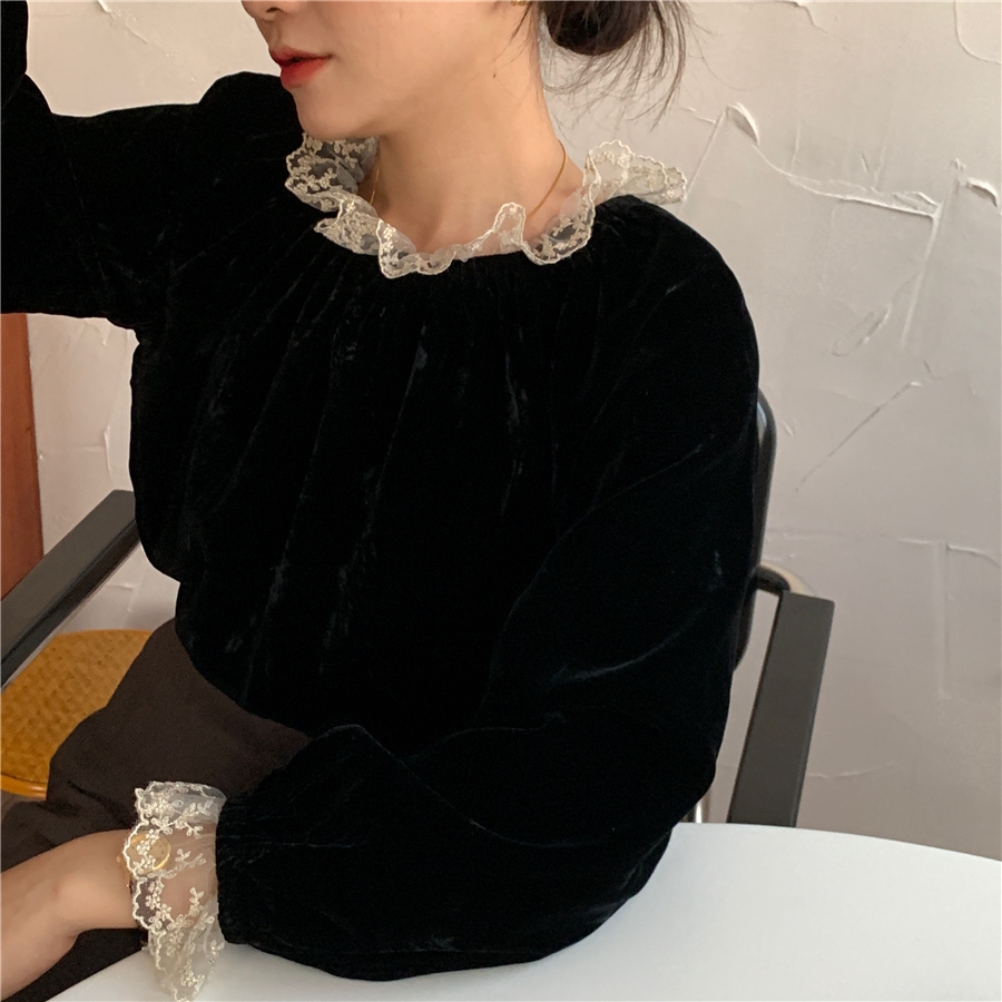 SUXI Áo kiểu tay dài bo phồng phối ren phong cách Retro thời trang Hàn Quốc cho nữ