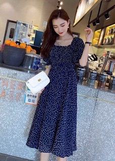 Đầm bi xanh rối cổ U (kèm hình thật)
