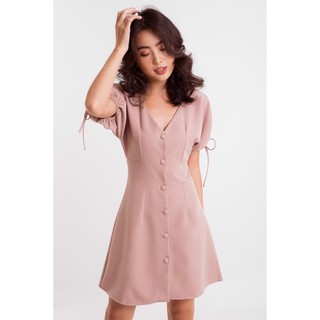 ĐẦM CỔ V TAY NGẮN THẮT NƠ