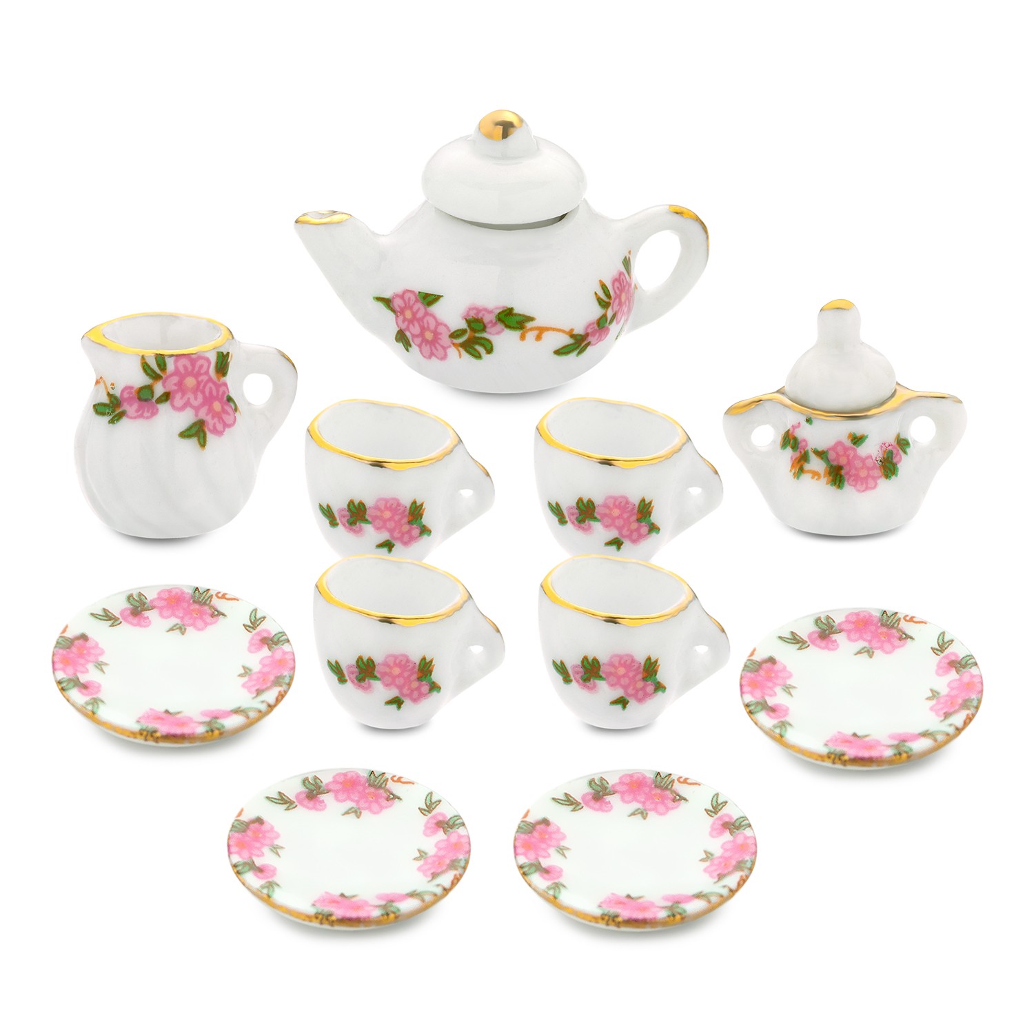 DAPHNE 11pcs Kit Dollhouse Accessories Kitchen Dining Ware Porcelain Tea Cup Set Toys with|Trim Floral Pattern Home Decoration Chic Style 1/6 1/12 Miniature