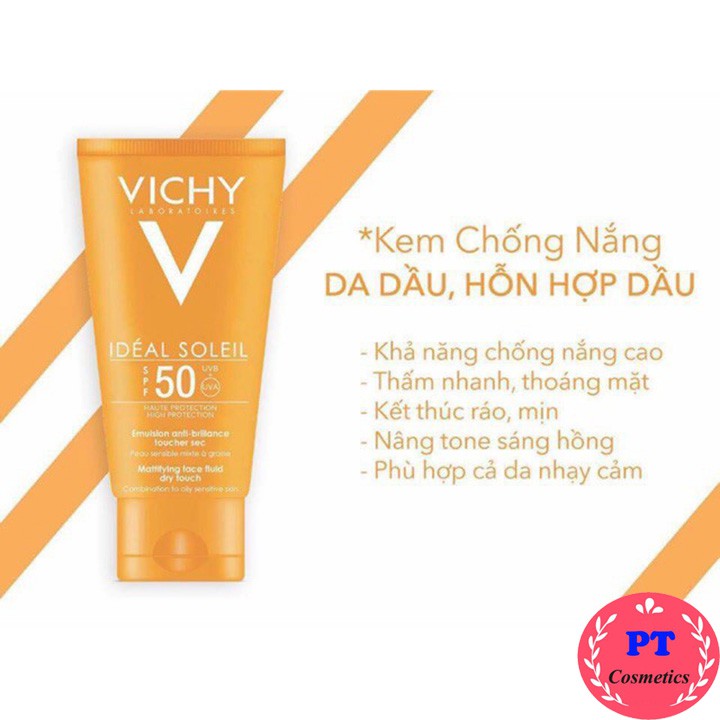 Kem Chống Nắng Vichy Ideal Soleil Mattifying Dry Touch Face Fluid SPF 50 Dành Cho Da Hỗn Hợp, Da Dầu 50ml