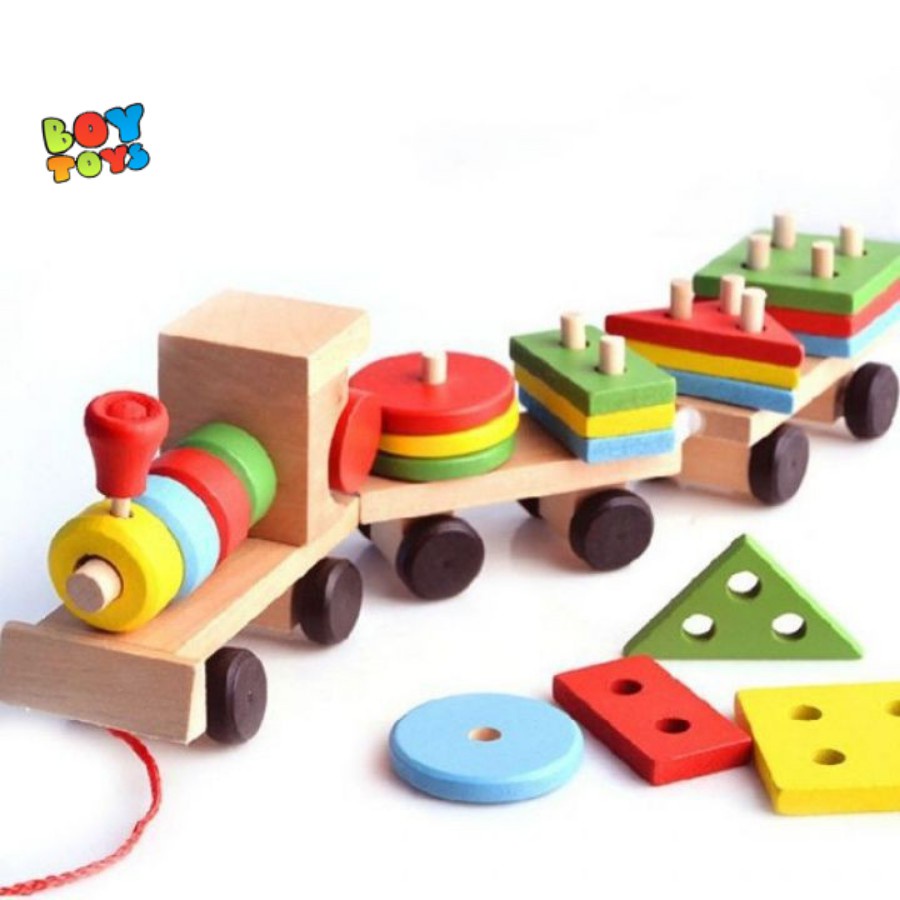 Đồ chơi đoàn tàu thả hình khối bằng gỗ nhiều màu sắc phát triển kĩ năng cơ bản cho bé