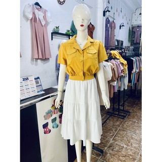 Áo sơ mi đũi cổ vét+Chân váy 3 tầng