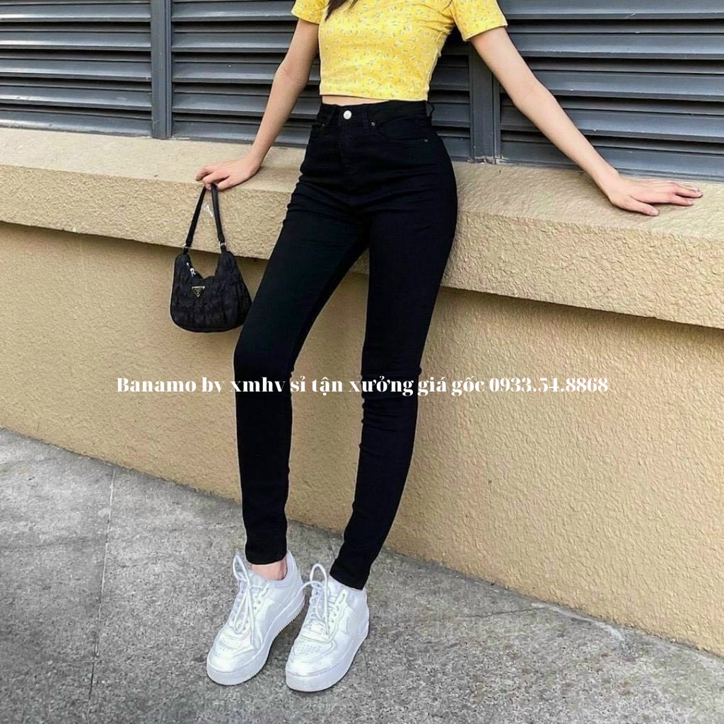 Quần jean nữ đen trơn cạp cao siêu co giãn chất đẹp thời trang Banano fashion bò ôm đen trơn 768