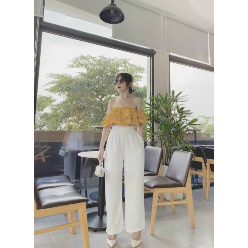 [Corn9] SET CROP BẸT VAI HOA + Quần SUÔNG TRẮNG