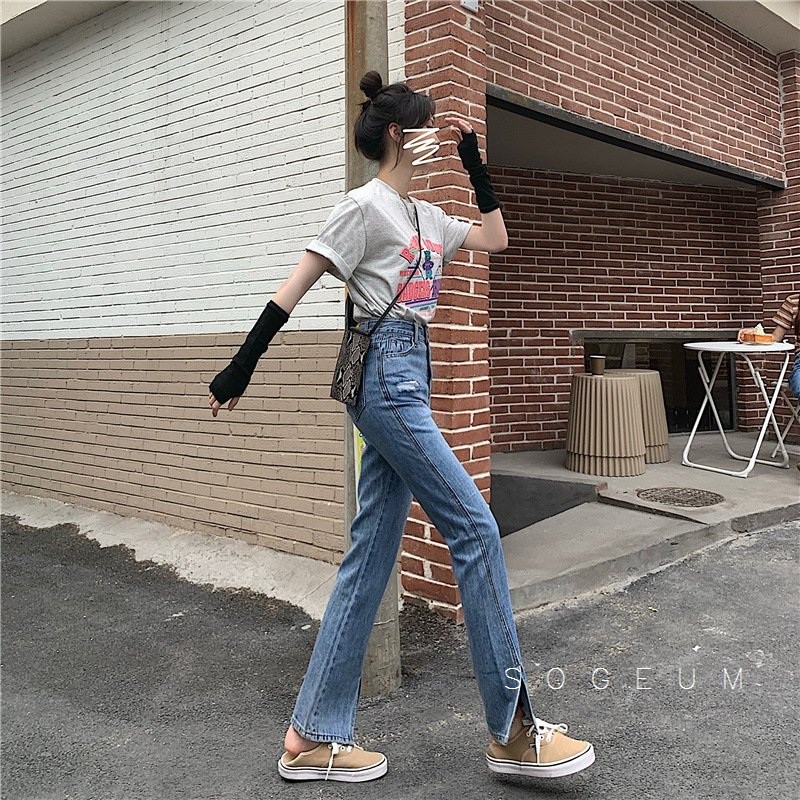 Quần jean nữ co giãn, Quần bò cạp cao ống vẩy rách xẻ tà màu xanh sogeum.store | BigBuy360 - bigbuy360.vn