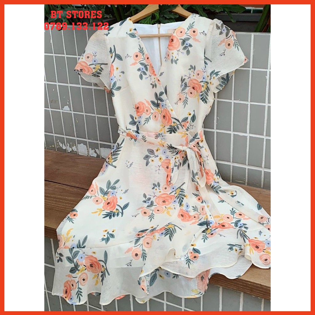 Đầm hoa cổ tim thắt nơ eo Luni (Bt034)