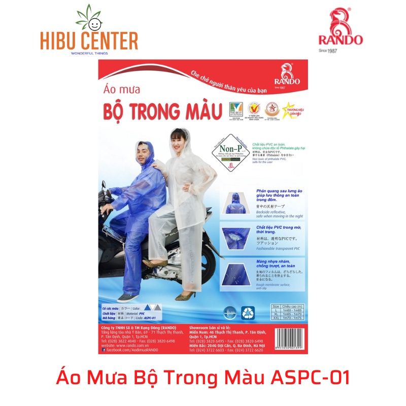 Áo mưa bộ trong màu RANDO ASPC-01, chất liệu PVC trong mờ, Nón trùm đầu rời và Phản quang an toàn