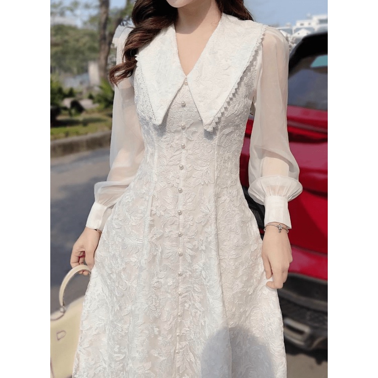 ĐẦM THIẾT KẾ REN CỔ LÁ SEN TAY DÀI TRẮNG TINH KHÔI SIÊU SANG