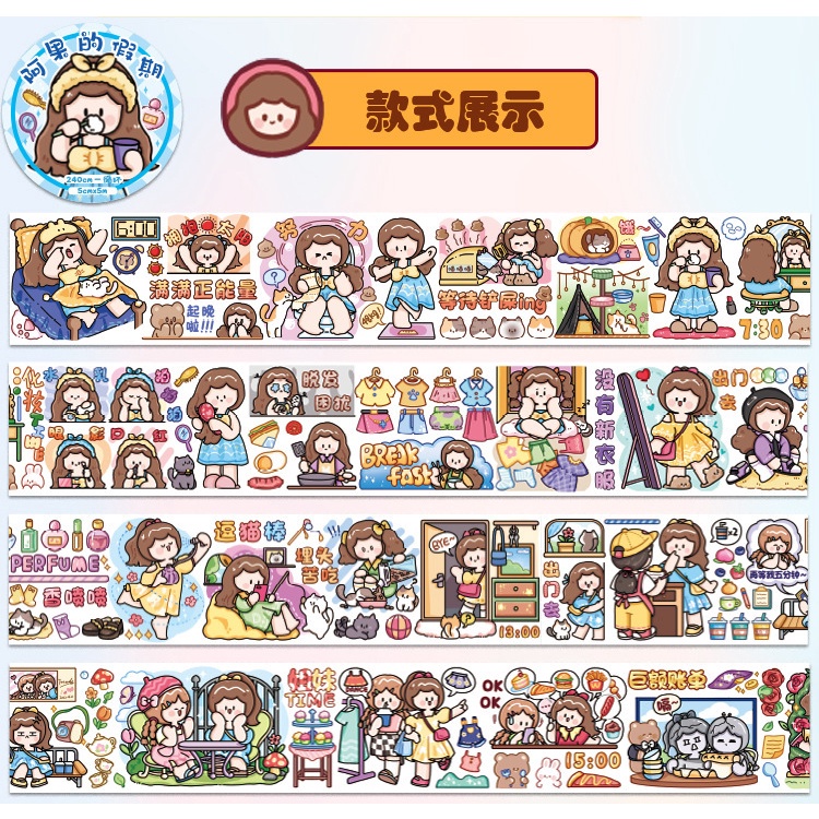 Cuộn Băng Keo washi Dài Họa Tiết Cô Gái Dễ Thương Trang Trí Sổ Tay DIY