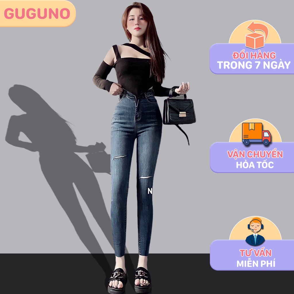 Quần jean skinny nữ dáng ôm lưng siêu cao trơn basic GUGUNO ulzzang