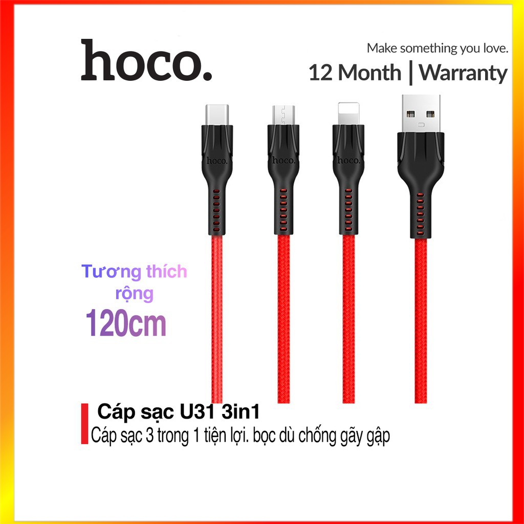 Cáp sạc Hoco U31 3 in 1 (Lightning+Micro+Type-C) tương thích tất cả các các dòng điện thoại dài 1.2m - MrPhukien