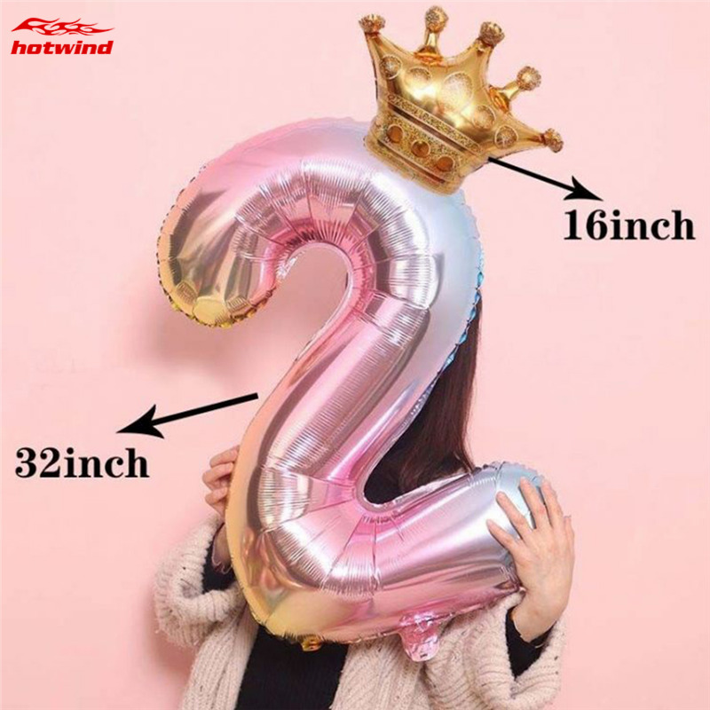 HW 32Inch Number Foil Balloon Crown Figure 0-9 Birthday Wedding Engagement Kids Birthday Party Decoration Ball Supplies