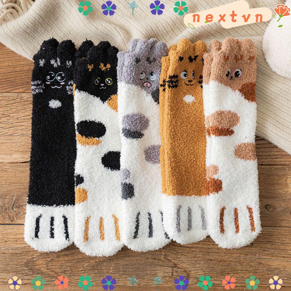 Vớ len cashmere phối lông tơ san hô và nhung dày dặn mềm mại họa tiết dấu chân nhiều màu sắc làm quà tặng Giáng Sinh