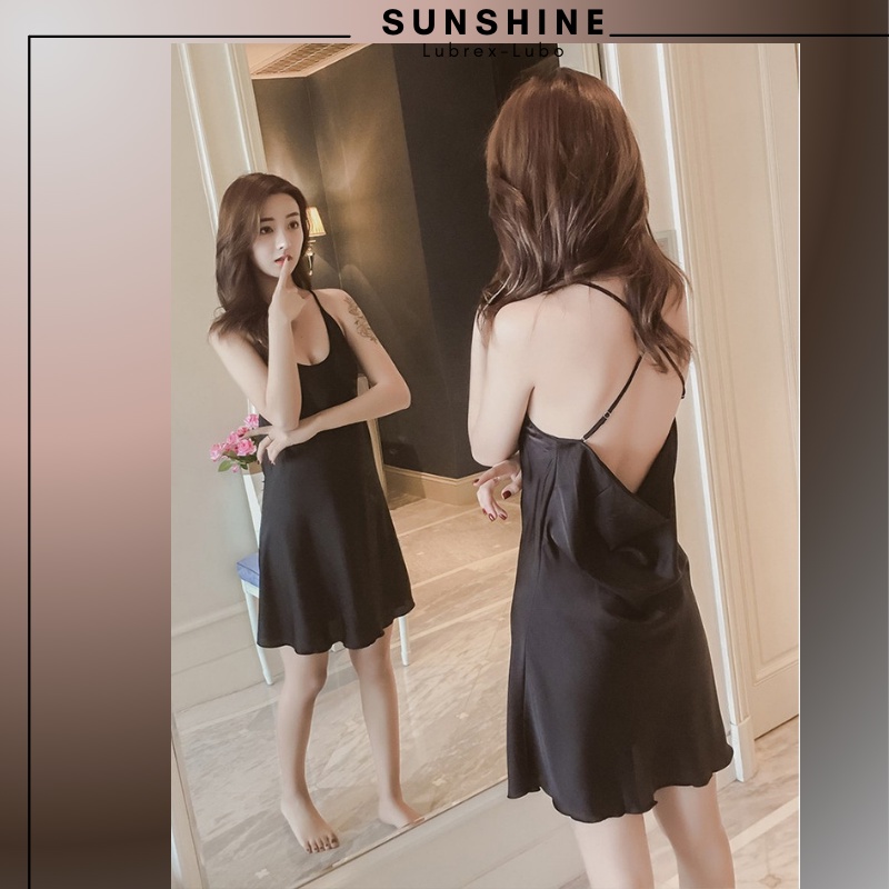 Váy ngủ hai dây lụa satin sexy cao cấp Đầm mặc nhà gợi cảm quyến rũ hở lưng dây chéo lưng SUNSHINE LUBREXLUBO-COTRON