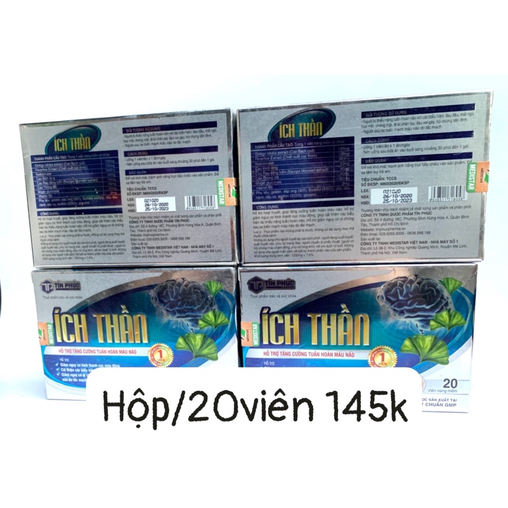 Viên Uống Bổ Não Ích Thần Hỗ Trợ Tăng Cường Tuần Hoàn Não Giảm Đau Đầu Khó Ngủ Hộp 20 Viên