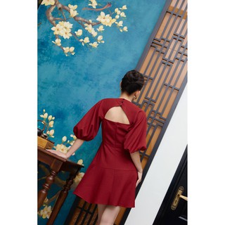 EDINI - D1355 Đầm đỏ tay phồng dáng xòe