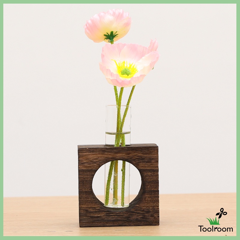 Lọ hoa thủy tinh có bệ đỡ bằng gỗ phong cách nghệ thuật thời trang