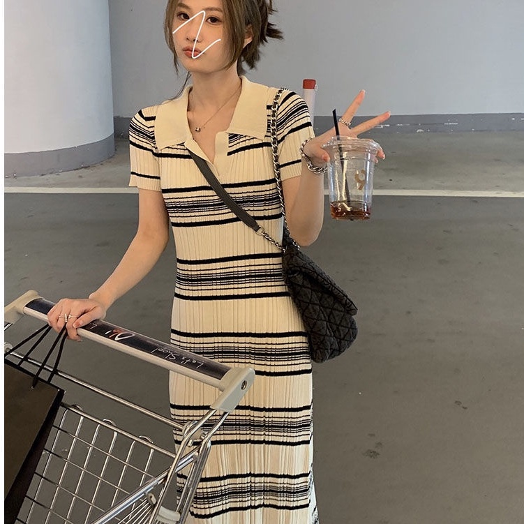 Đầm Dệt Kim Cổ Polo Tay Ngắn Họa Tiết Kẻ Sọc Phong Cách Hàn Quốc Thời Trang Mùa Hè Dành Cho Nữ 2022