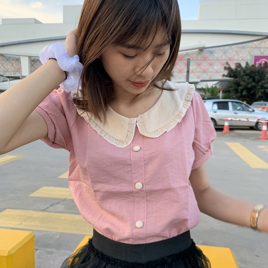 Áo kiểu nữ NHẬT LINH áo sơ mi đũi xước cổ phối bèo tay ngắn nữ tính duyên dáng - A194