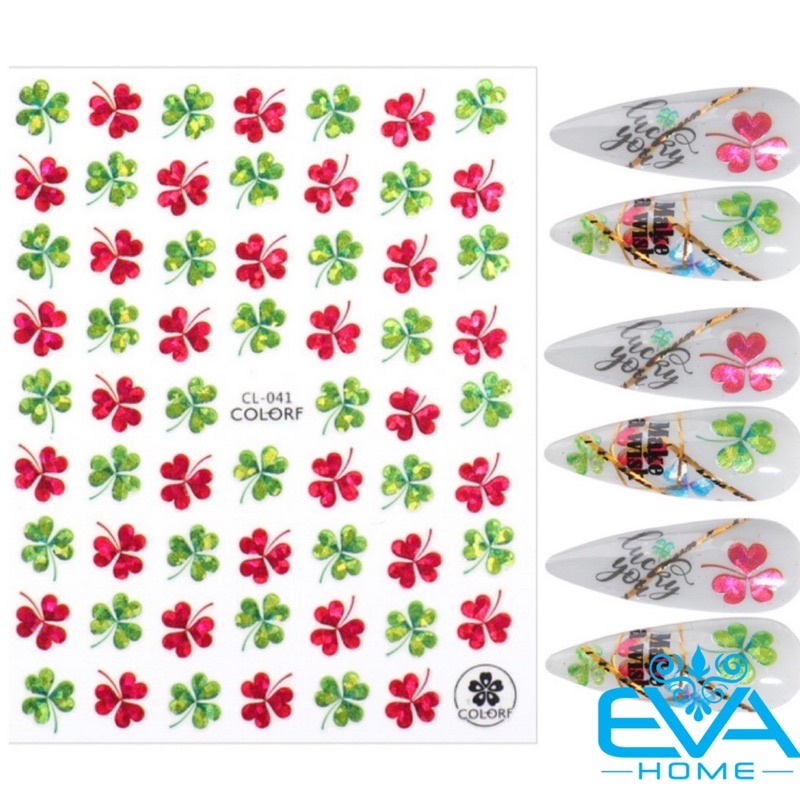 Sticker Dán Móng Tay 3D Dạng Decal Dán Chống Nước Hoạ Tiết Cỏ 3 Lá lucky leaf clover Ánh Nhũ Xanh Đỏ