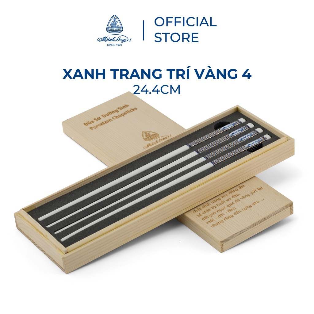 [02 đôi] Đũa sứ dưỡng sinh Minh Long 24.4 cm - Xanh - Trang trí vàng - Họa tiết 4 - hộp gỗ