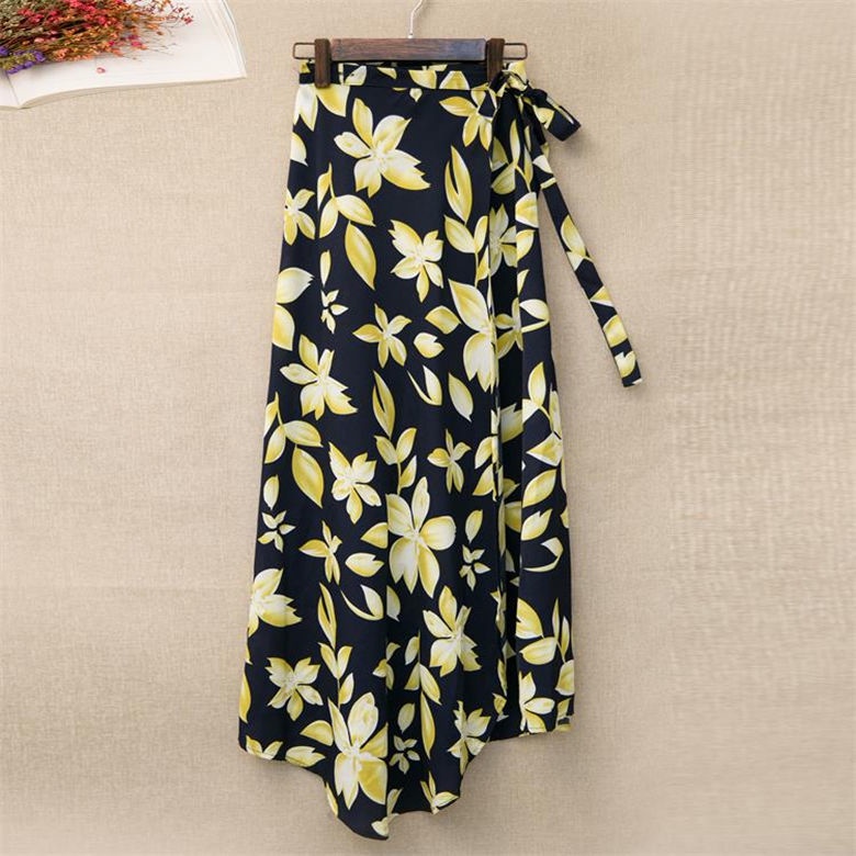 One Chân Váy Chiffon Lưng Cao Xẻ Tà Cột Dây In Họa Tiết Thời Trang Đi Biển