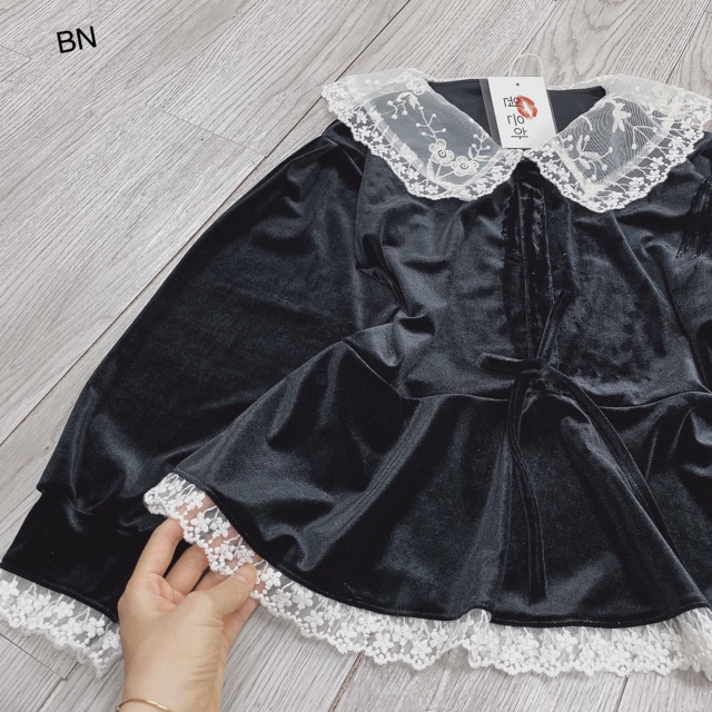 Áo peplum nhung cổ ren dài tay hàng quảng châu