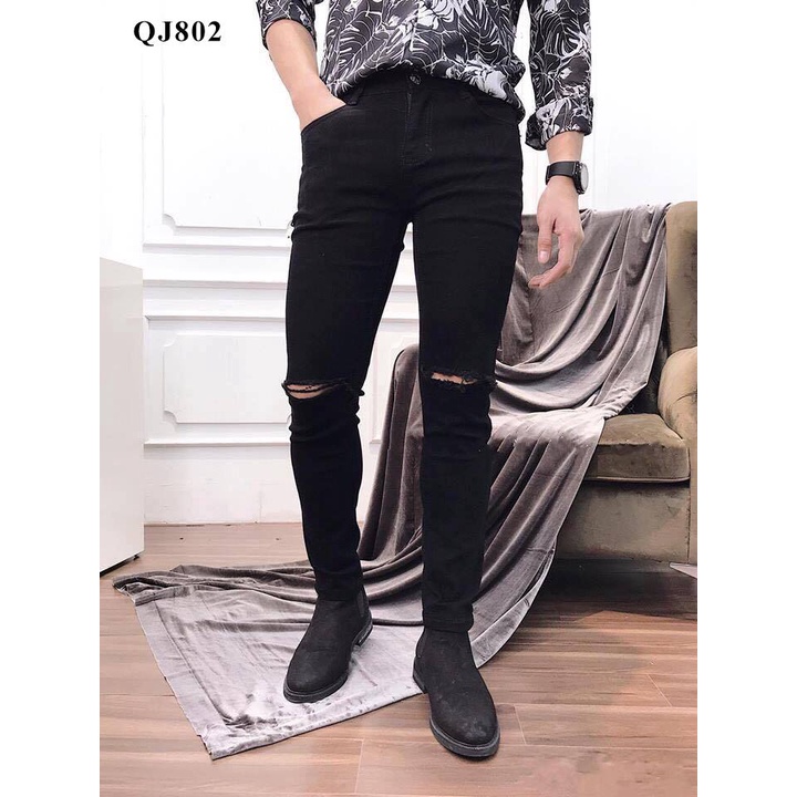 Quần jean nam đen trơn, rách gối basic Slimffit ôm co dãn nhẹ hàng xuất khẩu bền màu không phai QJ201