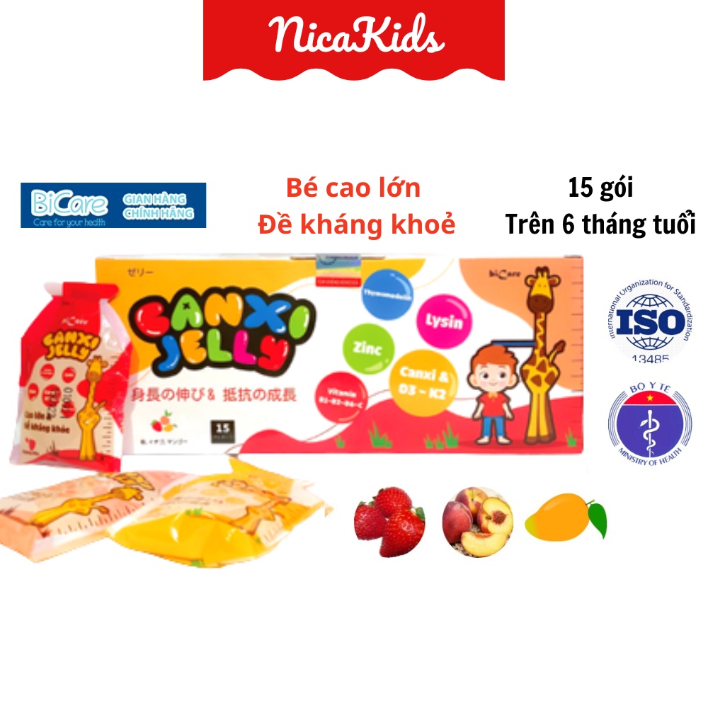 Thạch Canxi Jelly Bicare mix vị đào, xoài, dâu hộp 15 gói