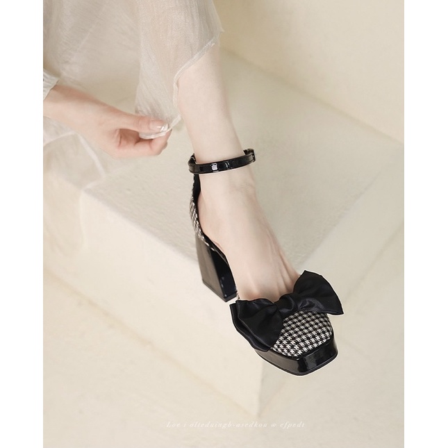 Giày cao gót nữ đế trụ phối nơ hoạ tiết karo siêu xinh