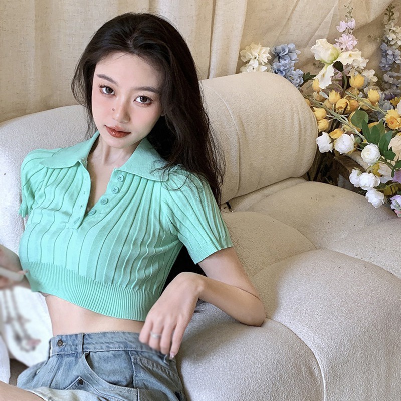 Áo Croptop Dệt Kim Tay Ngắn Màu Sắc Đơn Giản Phong Cách Hàn Quốc Cho Nữ