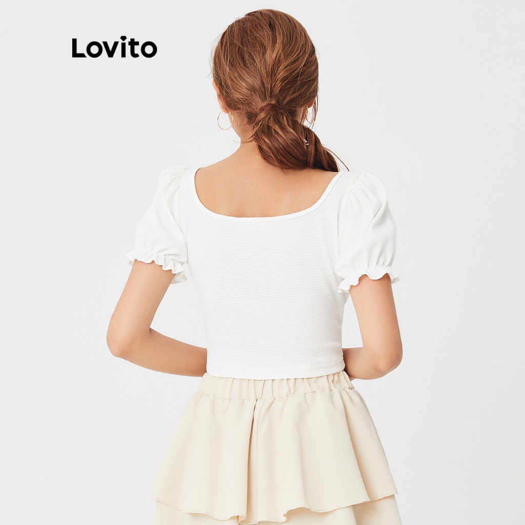 Áo phông Lovito Vải trơn có kết cấu Đường viền cổ áo Nơ không bóng Độ ẩm và thoáng khí Bình thường L27AD023 (Trắng)