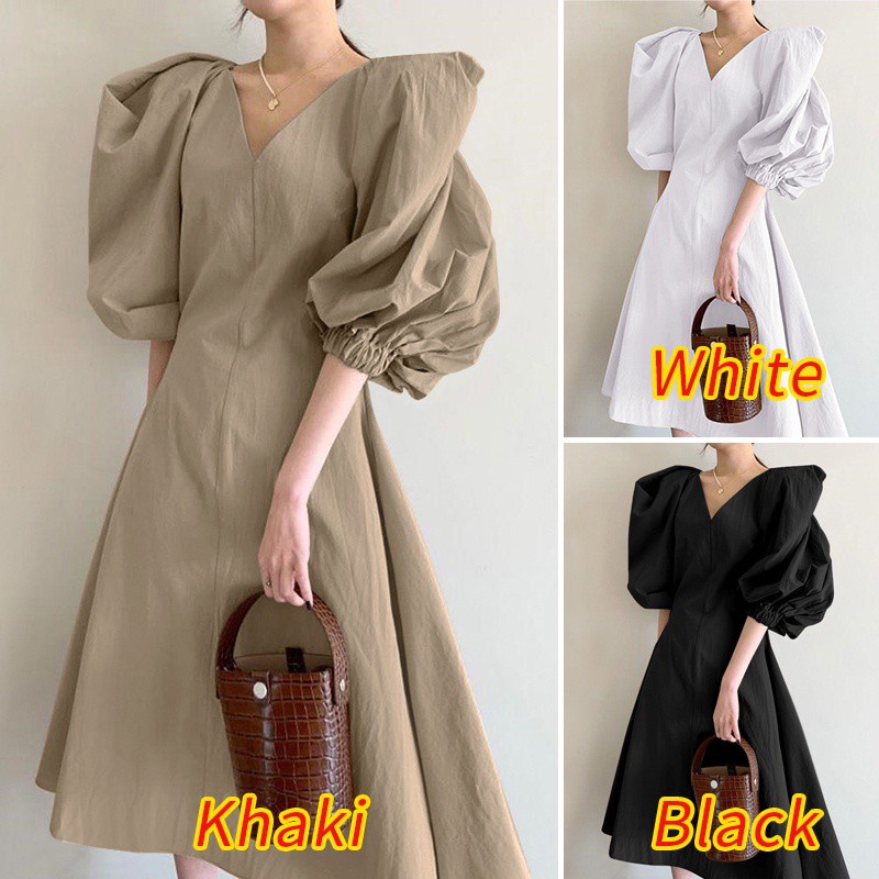 Đầm dài ZANZEA từ cotton kiểu dáng chữ A cổ chữ V tay phồng thời trang đường phố màu trơn cho nữ