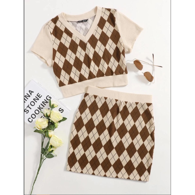 Set áo croptop Kẻ Caro phong cách Retro hàng order Shein