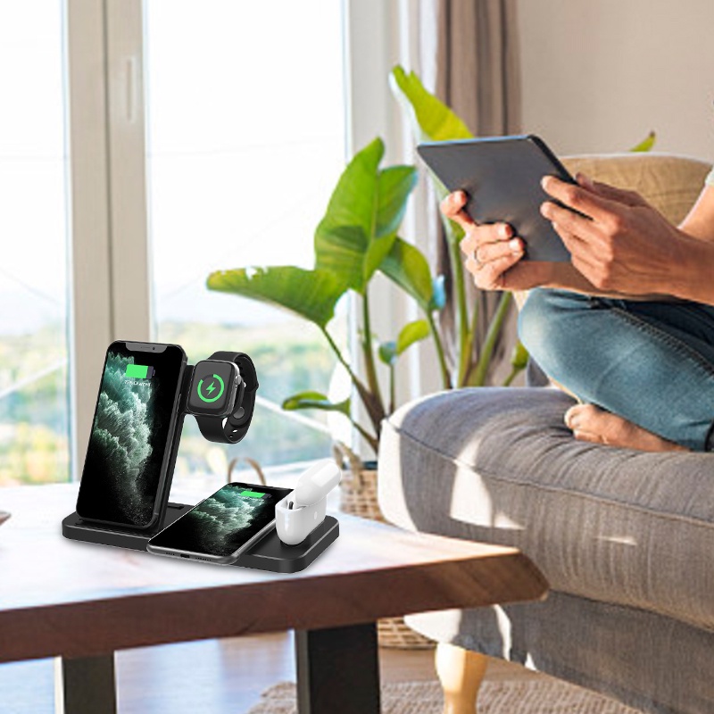 Bộ sạc không dây 4 trong 1 15W Qi thích hợp cho điện thoại iphone/ đồng hồ/ tai nghe