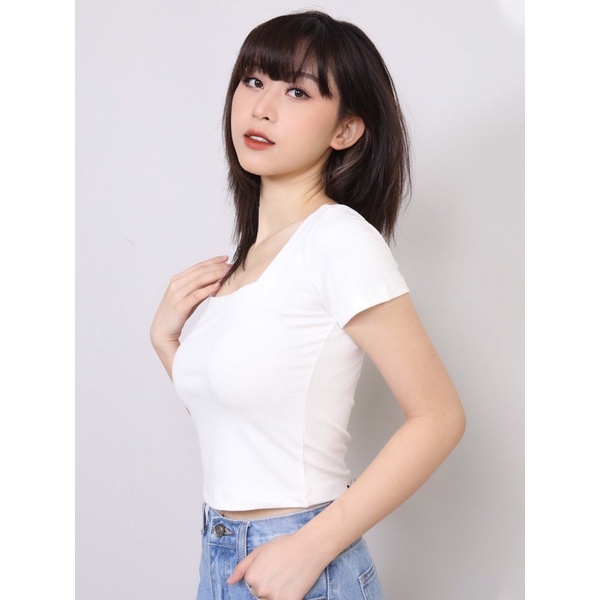 Áo croptop cổ vuông 3 màu, chất cotton bozip siêu co giãn, thấm hút mồ hôi