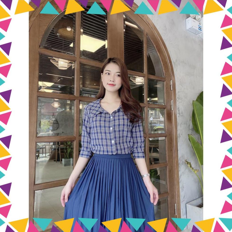 Áo Sơ Mi Caro Xanh. Áo Công Sở Tay Lỡ, Áo Nữ Kiểu Hàn Quốc A03 - Liin Clothing