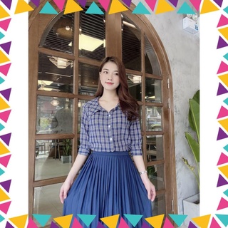 Áo sơ mi caro xanh. áo công sở tay lỡ, áo nữ kiểu hàn quốc a03 - liin clothing