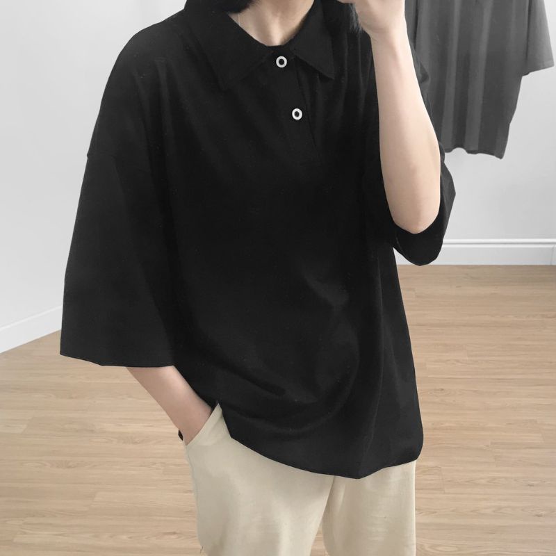 Áo polo trơn unisex tay lỡ nam nữ basic form rộng
