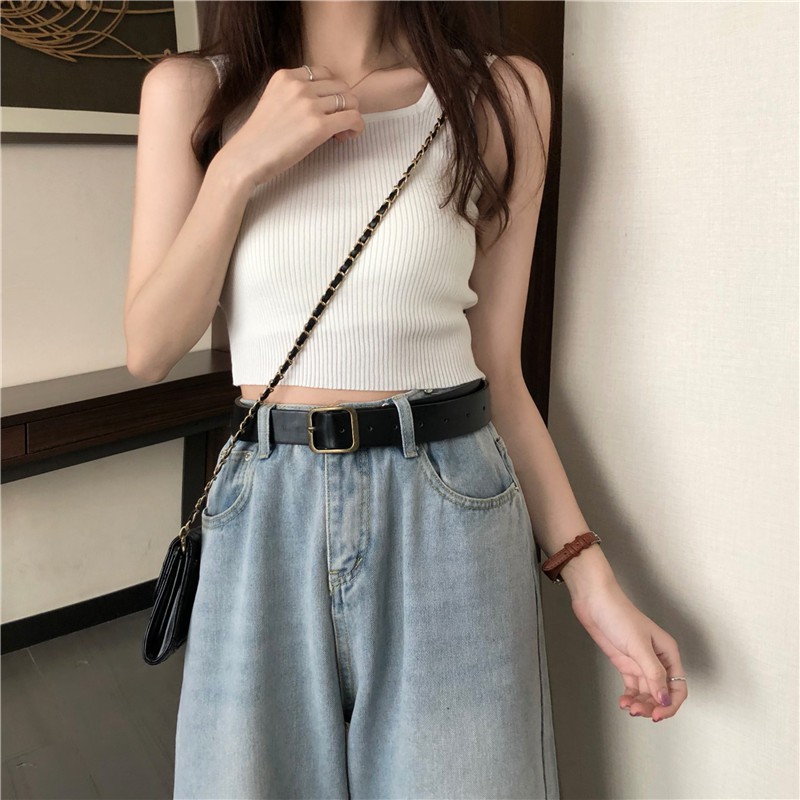 Áo croptop nữ dệt ngắn kim màu trơn Hàn Quốc đen không tay kiểu ôm body tank top vải cotton co giãn tốt