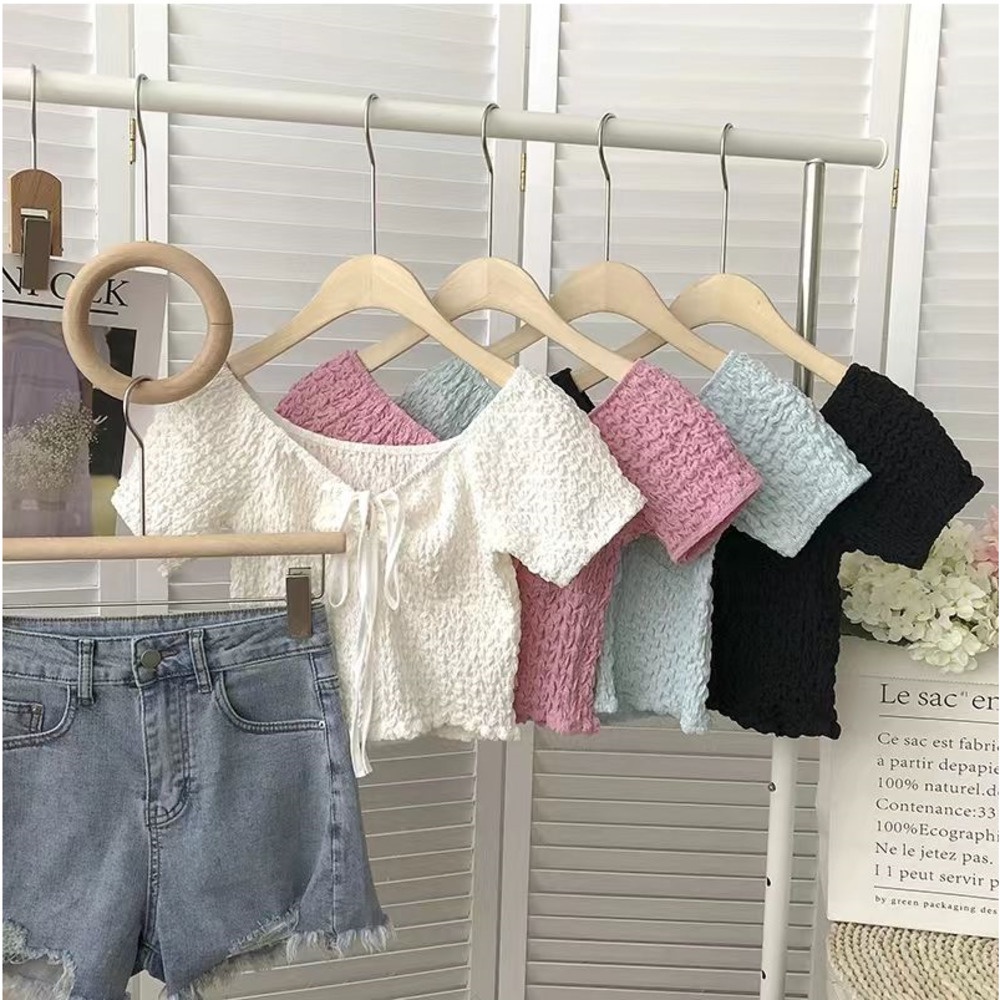 Áo Kiểu Tay Ngắn Màu Trơn Xếp Ly Trẻ Trung Hợp Thời Trang