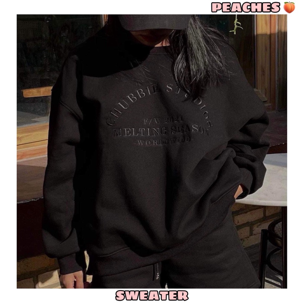 Áo nỉ sweater thêu thu đông unisex, dài tay mềm mịn nam nữ, màu đen SW9