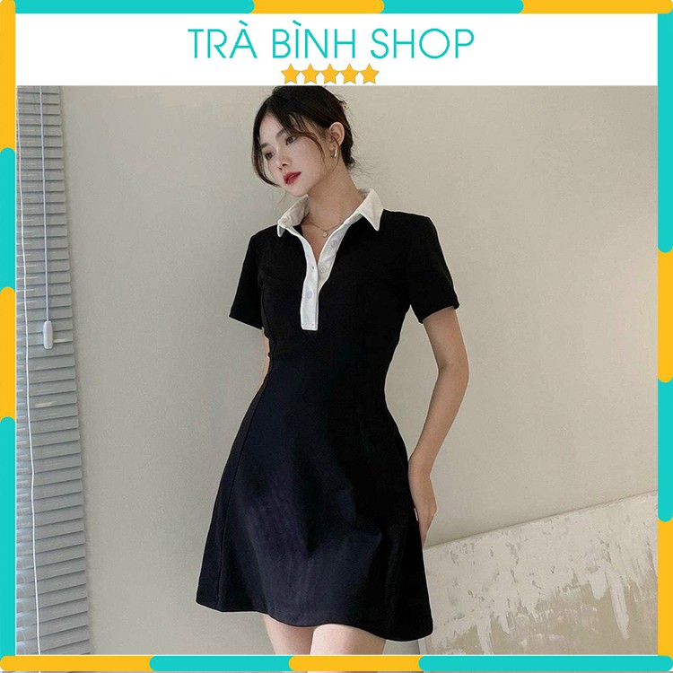 Đầm Polo Mặc Đi Chơi Dáng Ôm Màu Đen Phối Cổ Trắng Váy Dạo Phố Body Ngắn Tay Dự Tiệc