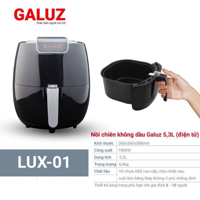 Nồi chiên không dầu điện tử Galuz Lux 01 dung tích 5.3L công suất 1800W bảo hành 30 tháng - TẶNG Bình Xịt Dầu 100ml